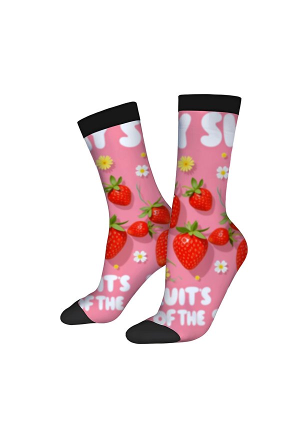 Four Seasons Universal Socks - 2 Pairs of Unisex Trendy Socks with Vibrant Pink Strawberry & Flower Pattern Black Accents