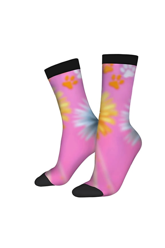 Four Seasons Universal Socks - 2 Pairs of Unisex Trendy Socks with Vibrant Pink Tie - Black Cuffs and Colorful