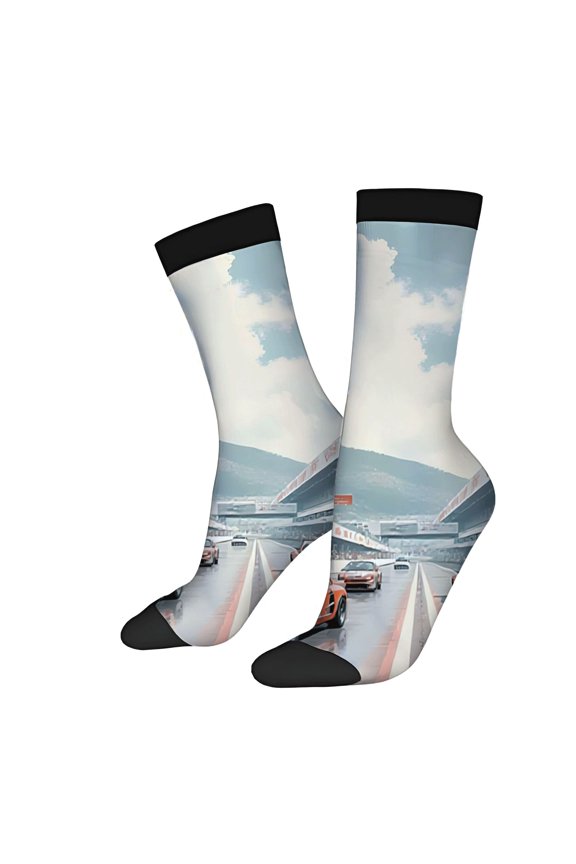 Four Seasons Universal Socks - 2 Pairs of Unisex Trendy Socks with Vibrant Race Track Car Design Perfect for All Seasons