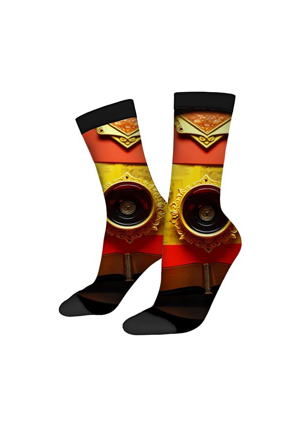 Four Seasons Universal Socks - 2 Pairs of Unisex Trendy Socks with Vibrant Red Yellow and Orange Stripes & Golden Camera Lens Design