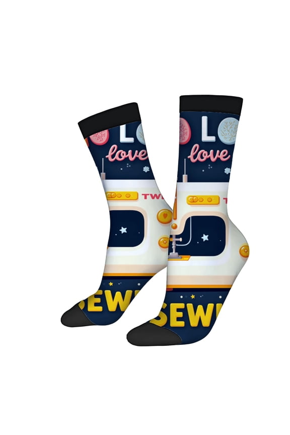 Four Seasons Universal Socks - 2 Pairs of Unisex Trendy Socks with Vibrant Sewing Machine Design Stars & Bold ' Love ' & ' NEW ' Text