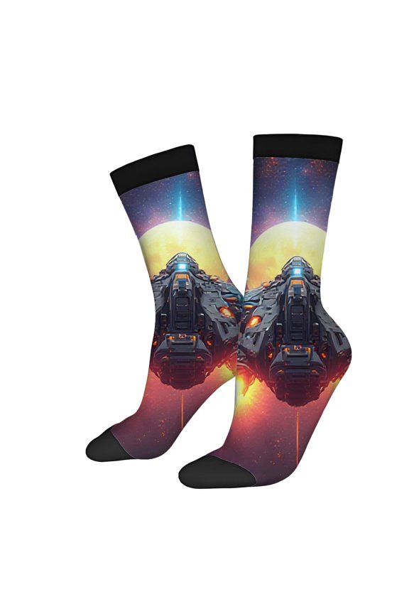 Four Seasons Universal Socks - 2 Pairs of Unisex Trendy Socks with Vibrant Space-Themed Design Featuring a Glowing Moon and Futuristic Spaceship
