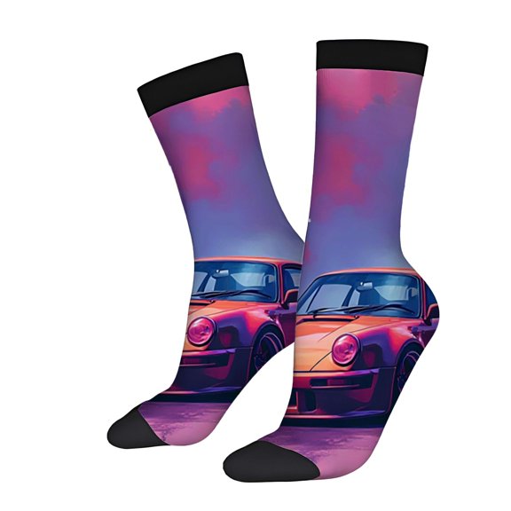 Four Seasons Universal Socks - 2 Pairs of Unisex Trendy Socks with Vibrant Sports Car Design on Colorful Purple and Pink Background