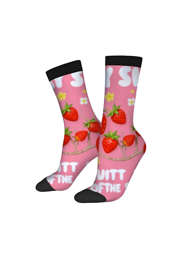 Four Seasons Universal Socks - 2 Pairs of Unisex Trendy Socks with Vibrant Strawberry & Flower Pattern on Pink Background