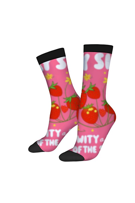 Four Seasons Universal Socks - 2 Pairs of Unisex Trendy Socks with Vibrant Strawberry and Flower Design on Pink Background
