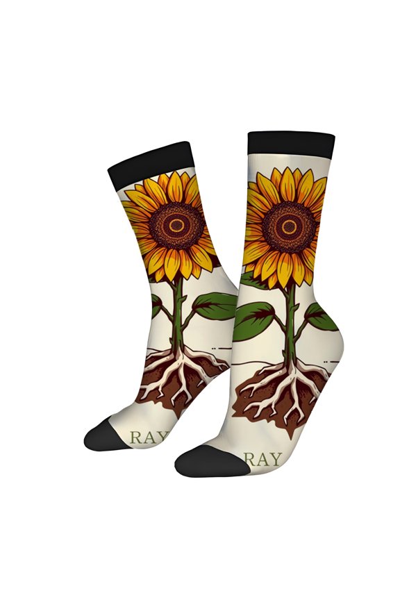 Four Seasons Universal Socks - 2 Pairs of Unisex Trendy Socks with Vibrant Sunflower Design Black Accents and Green ' RAY ' Print