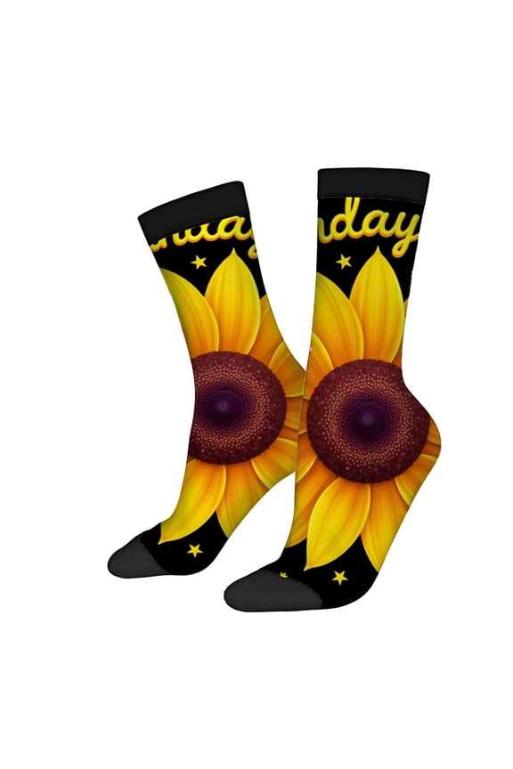 Four Seasons Universal Socks - 2 Pairs of Unisex Trendy Socks with Vibrant Sunflower Design Playful ' Friday ' Text & Star Accents