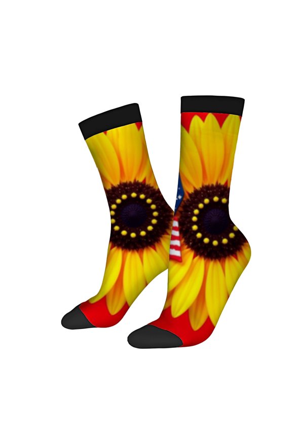 Four Seasons Universal Socks - 2 Pairs of Unisex Trendy Socks with Vibrant Sunflower Design Red Base and Black Toe Caps