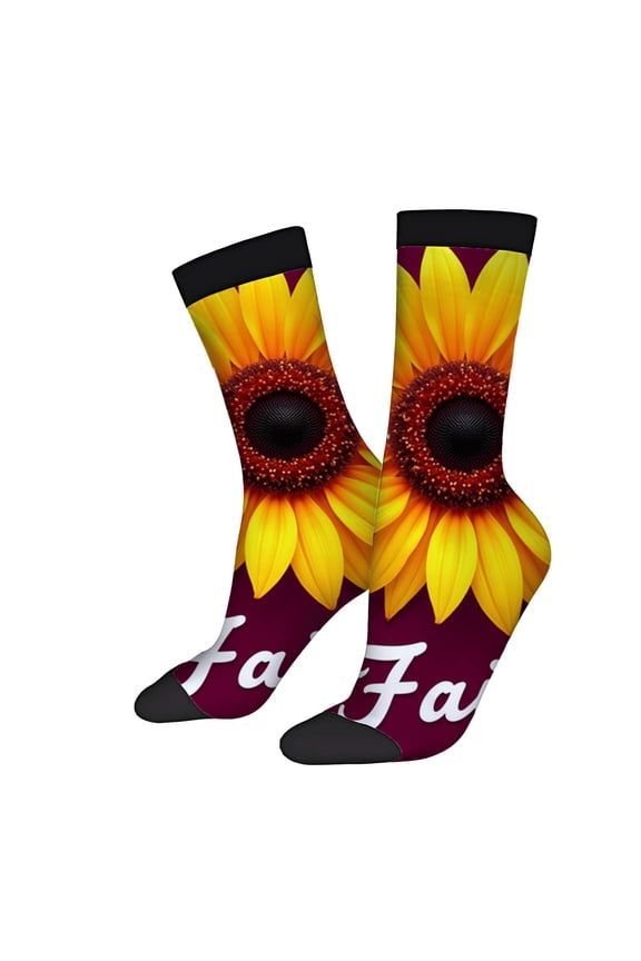 Four Seasons Universal Socks - 2 Pairs of Unisex Trendy Socks with Vibrant Sunflower Design on Maroon Black Toe Caps & Cuffs