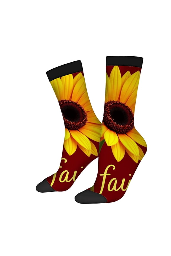 Four Seasons Universal Socks - 2 Pairs of Unisex Trendy Socks with Vibrant Sunflower Design on Red Background ' Faith ' in Cursive