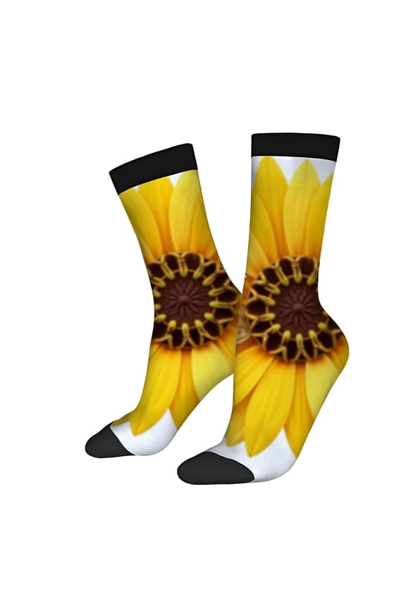 Four Seasons Universal Socks - 2 Pairs of Unisex Trendy Socks with Vibrant Sunflower Design on White Base Black Cuffs