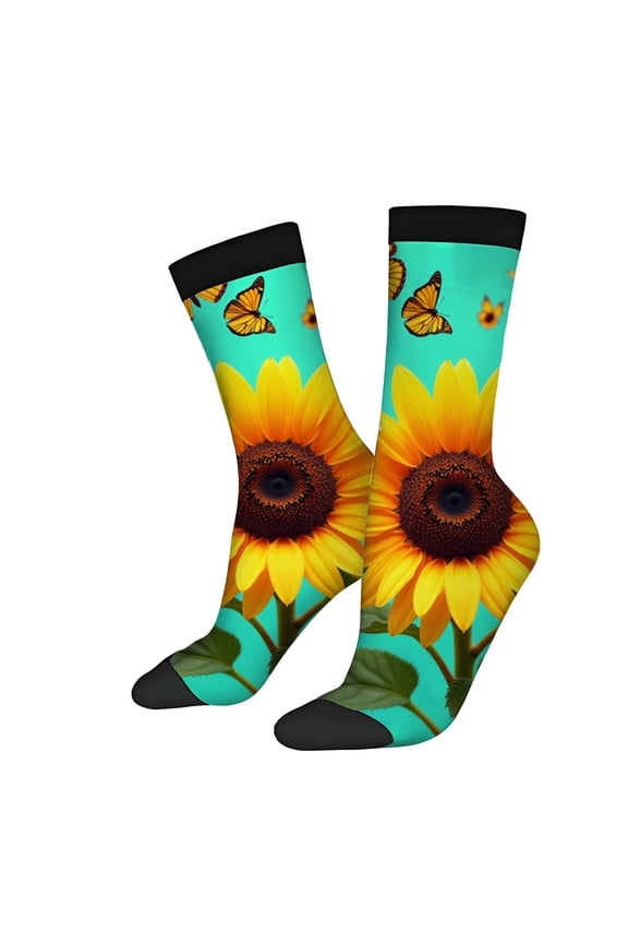 Four Seasons Universal Socks - 2 Pairs of Unisex Trendy Socks with Vibrant Sunflower and Butterfly Design on Turquoise Background