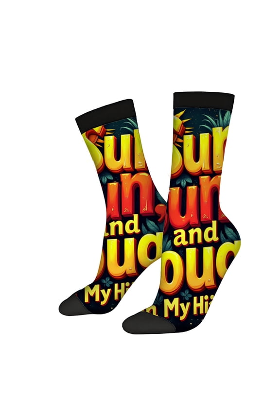 Four Seasons Universal Socks - 2 Pairs of Unisex Trendy Socks with Vibrant Tropical Design Bold ' Sun Sun Sun and Liquids ' Text