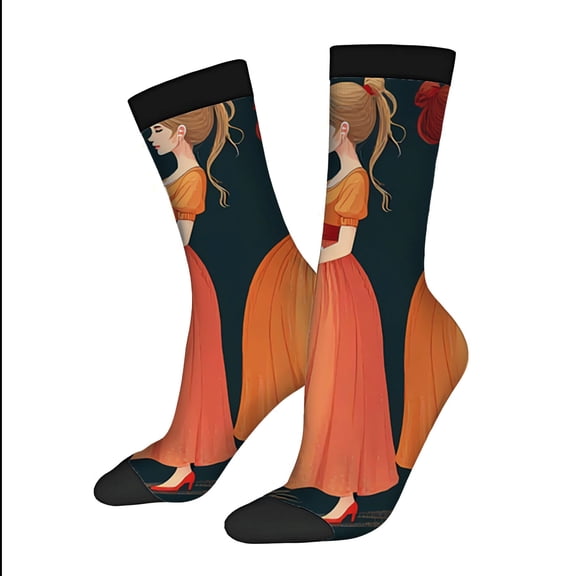 Four Seasons Universal Socks 2 Pairs of Unisex Trendy Socks with Vibrant Woman in Orange Dress Design Artistic & Playful Style
