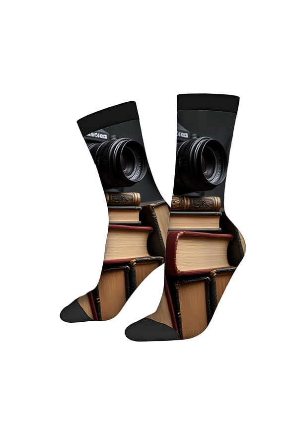 Four Seasons Universal Socks - 2 Pairs of Unisex Trendy Socks with Vintage Camera - Bound Books Design Mixed Colors