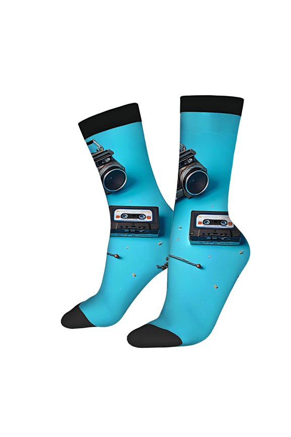 Four Seasons Universal Socks - 2 Pairs of Unisex Trendy Socks with Vintage Camera & Cassette Tape Design on Vibrant Blue Background