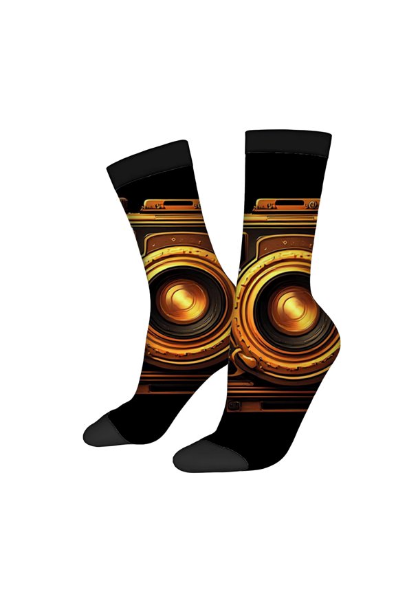 Four Seasons Universal Socks - 2 Pairs of Unisex Trendy Socks with Vintage Camera Motif Black with Metallic Details Stylish & Unique