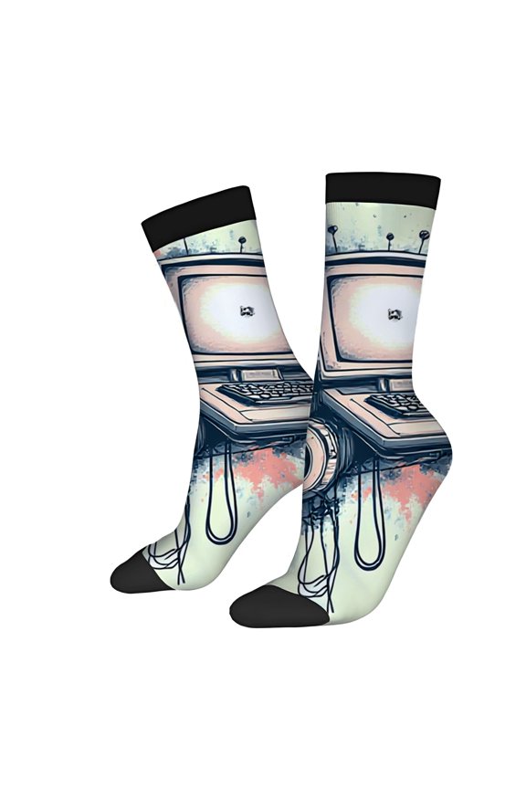 Four Seasons Universal Socks - 2 Pairs of Unisex Trendy Socks with Vintage Computer Design Black Toe Cap Mixed Colors