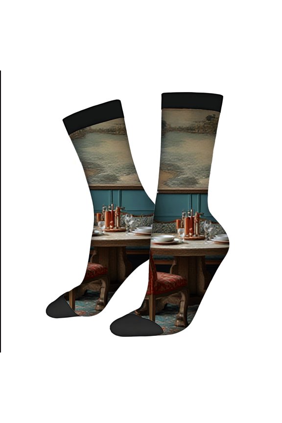 Four Seasons Universal Socks - 2 Pairs of Unisex Trendy Socks with Vintage Dining Table Design Teal Wall & Elegant Candlesticks