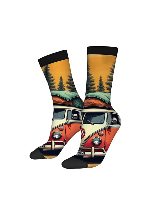 Four Seasons Universal Socks - 2 Pairs of Unisex Trendy Socks with Vintage Van Camping Scene Red & Cream Design