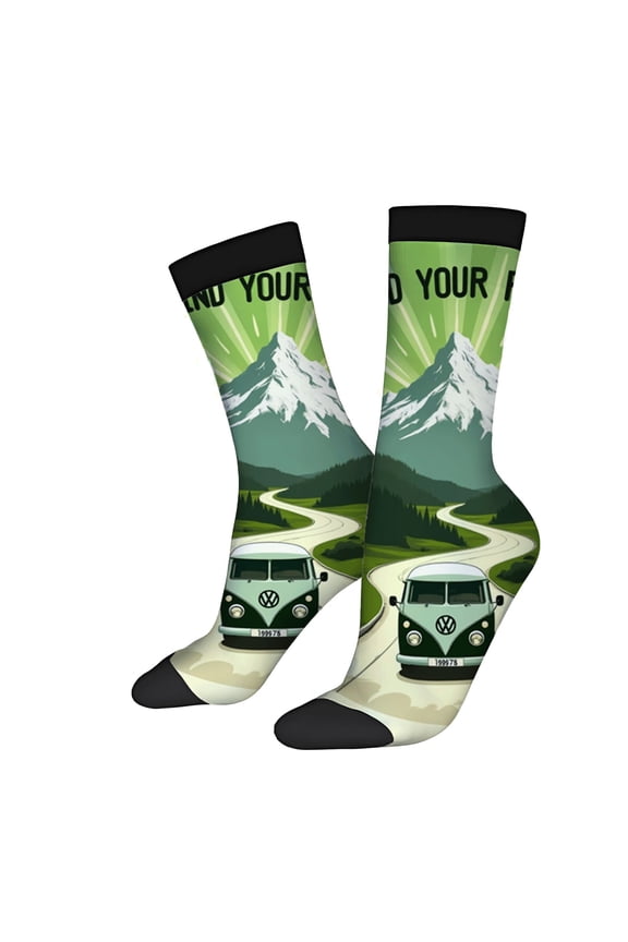 Four Seasons Universal Socks - 2 Pairs of Unisex Trendy Socks with Vintage Van Design Scenic Mountain & Nature Background
