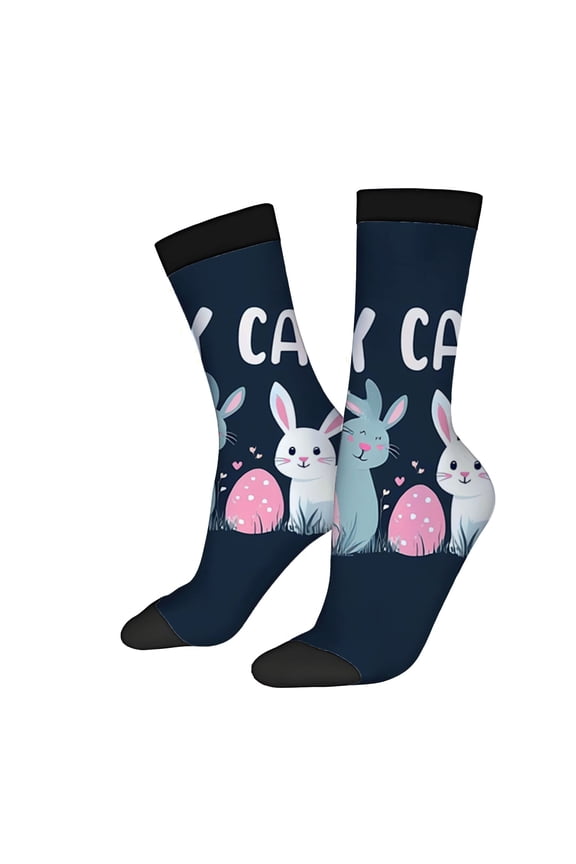 Four Seasons Universal Socks - 2 Pairs of Unisex Trendy Socks with Whimsical Cartoon Rabbits Pastel Easter Eggs & Hearts Design