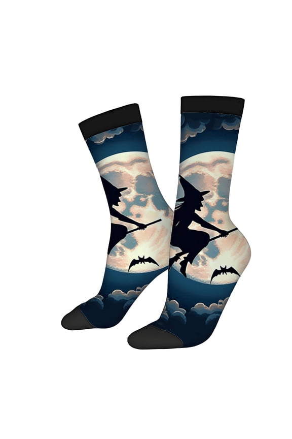 Four Seasons Universal Socks - 2 Pairs of Unisex Trendy Socks with Witch on Broomstick Design Full Moon & Night Sky Pattern