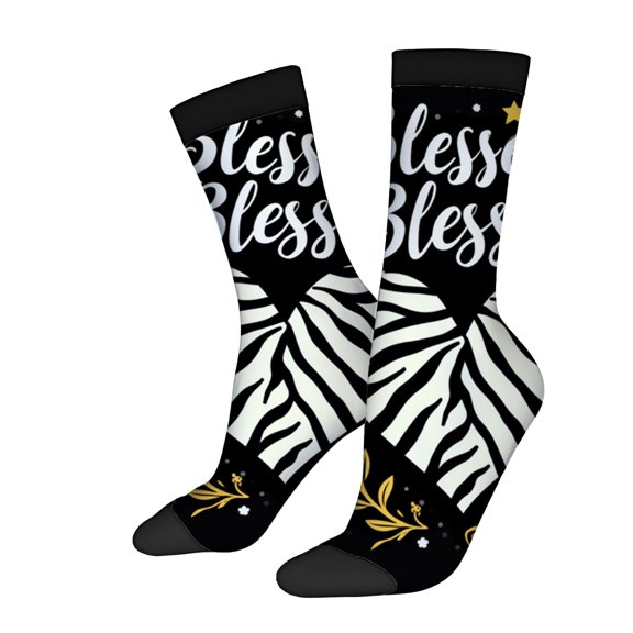 Four Seasons Universal Socks - 2 Pairs of Unisex Trendy Socks with Zebra - Striped Pattern & ' Bless Bless ' Cursive Design Mixed Colors