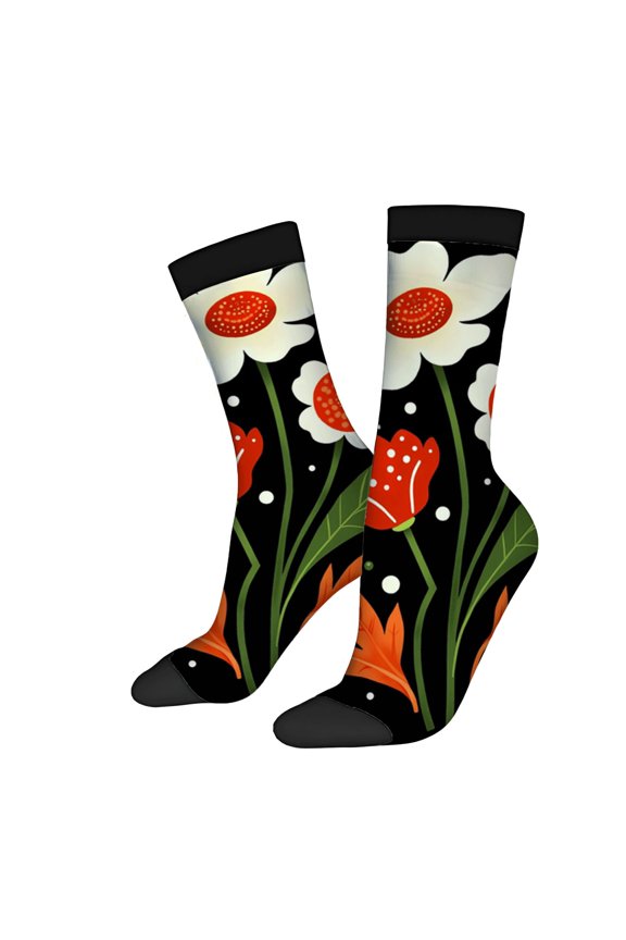 Four Seasons Universal Socks - 2 Pairs of Vibrant Floral Patterned Unisex Socks with Black Background Colorful Flowers & Leaves