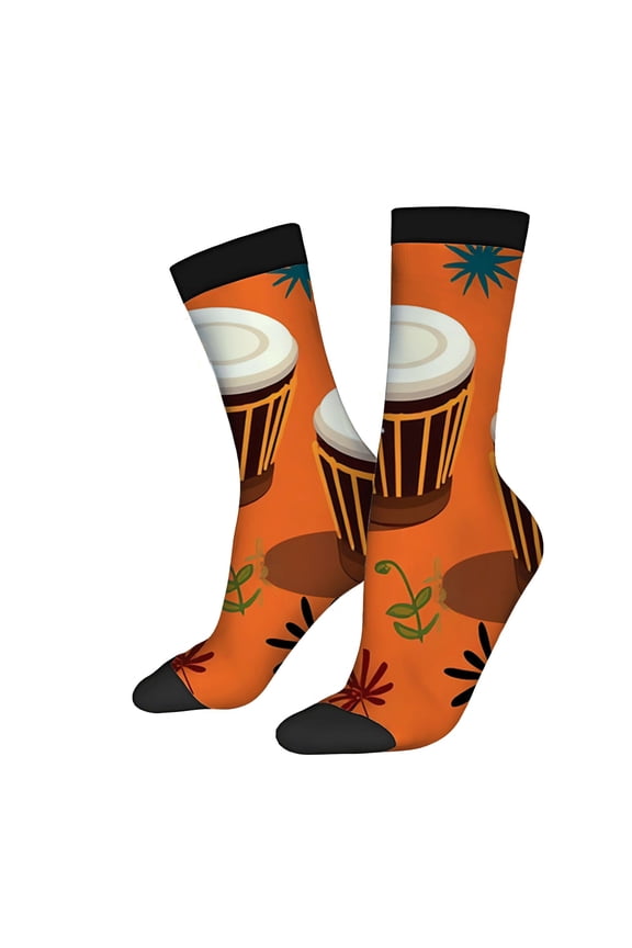 Four Seasons Universal Socks - 2 Pairs of Vibrant Unisex Socks with Colorful Drum and Leaf Design on Orange Background