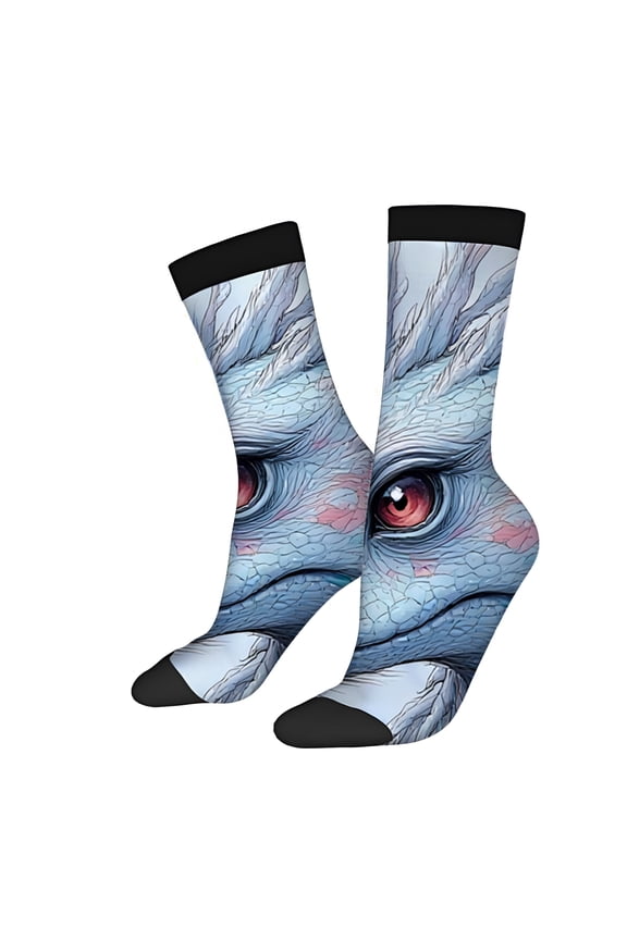 Four Seasons Universal Unisex Trendy Socks (2 Pairs) - Colorful Dragon Face Design with Blue and Gray Scales Red Eye and Flowing Whiskers Mixed Color Pattern