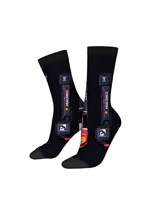 Four Seasons Universal Unisex Trendy Socks (2 Pairs) - Mixed Color Design with Racing Car Pattern Number 66 and Sporty Sponsor Logos