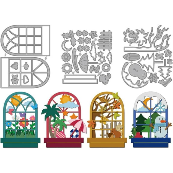Four Seasons Windows Cutting Dies Windows Scenery Metal Die Cuts Template Spring Summer Autumn Winter Embossing Carbon Steel Stencils for Card Making Scrapbooking Album Gift Decoration