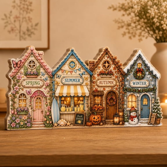 Four Seasons Wooden Block, Spring Summer Autumn Winter Shelf Sitter, Seasonal Village Decor, Cottage House Mantel Sign GRD-NMA05