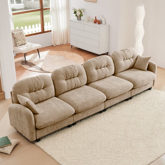 Four - Seater Modular Sectional Couch,Premium Chenille Fabric,With 2 Throw Pillows,Quilted Pleated Design,High-Density Foam Easy Install,Fits Bedrooms,Living Rooms,Reading Nooks,Camel