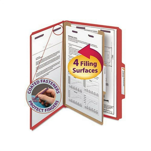 Four-Section Pressboard Top Tab Classification Folders with SafeSHIELD Fasteners 1 Divider, Legal Size, Bright Red, 10/Box