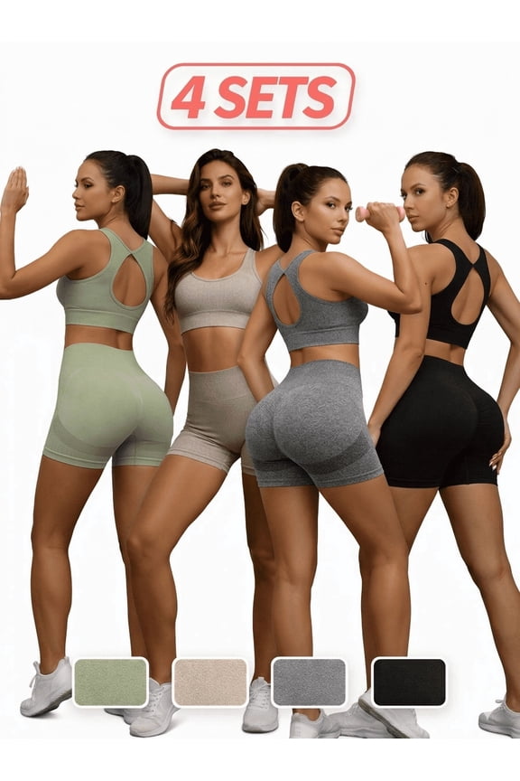Four Set 2pcs Women's High-Waist Tie-Dye Yoga Wear Set Workout Shorts Set Seamless Workout Set Buttock-Lifting Athletic leggings Gym Clothing Running Cycling Suit. Green,Khaki,Grey,Black