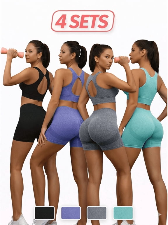 Women's 4 Pack Workout Sets, 8 Piece High Waist Yoga Shorts and Sports Bra Gym Activewear Outfits, Green
