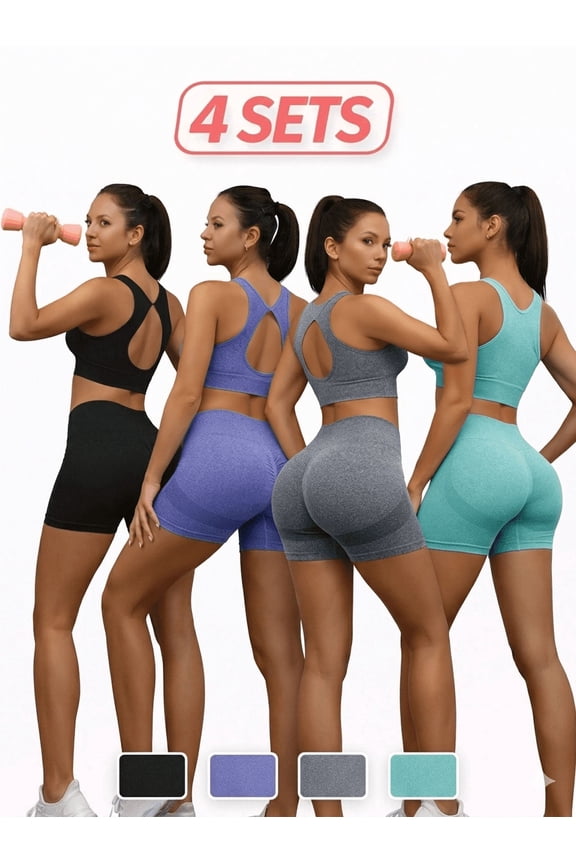 Women's 4 Pack Workout Sets, 8 Piece High Waist Yoga Shorts and Sports Bra Gym Activewear Outfits, Green