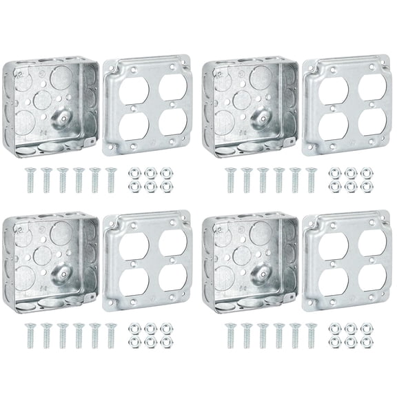 Four Set of 4x4 Electrical Box and Electrical Outlet Cover With 4×6 screws,2-Gang Duplex Receptacle Box,8*1/2''&4*3/4"in Side and 2*1/2''& 2*3/4" in Bottom Knockouts,Square Metal Electrical Box