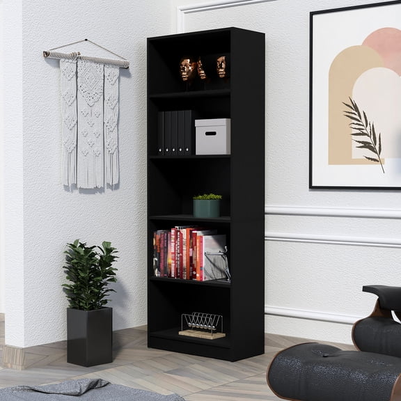 Four - Shelf Black Particle Board Bookcase / Compact Office Storage with Classic Elegance