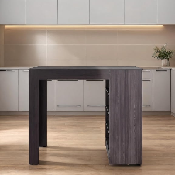 Four-Shelf Kitchen Island Table with practical Butcher Block Countertop, Wenge Finish, for Kitchen Organization