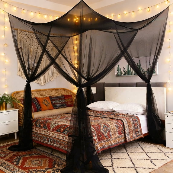 Four Sided Bed Mosquito Net Polyester Mesh Canopy Large Enclosure Twin Size Insect Protection Curtain For Indoor Outdoor Bedroom Camping Travel Sleeping