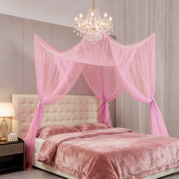 Four-Sided Mosquito Net, 95x83 Inch Large Size Outdoor/Home Bed Canopy, Mosquito Net Curtain Set, Mesh Bed Cover, Pink