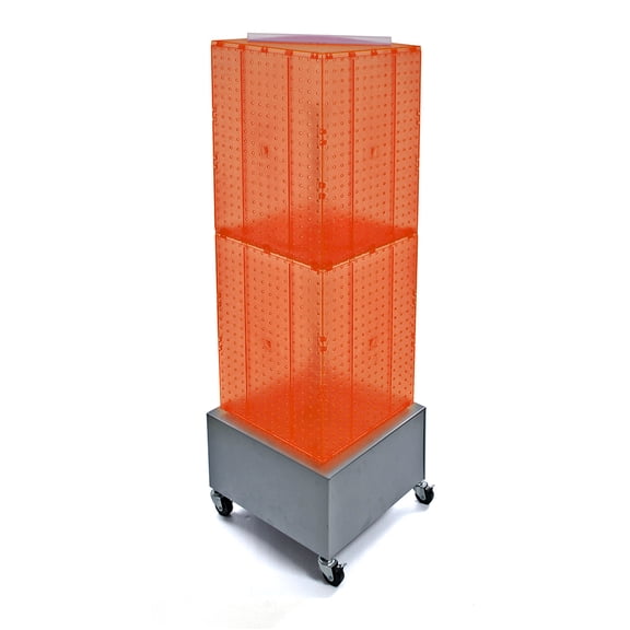 Four-Sided Pegboard Tower Floor Display on Metal Wheeled Base. Spinner Rack Stand. Panel Size: 14"W x 40"H