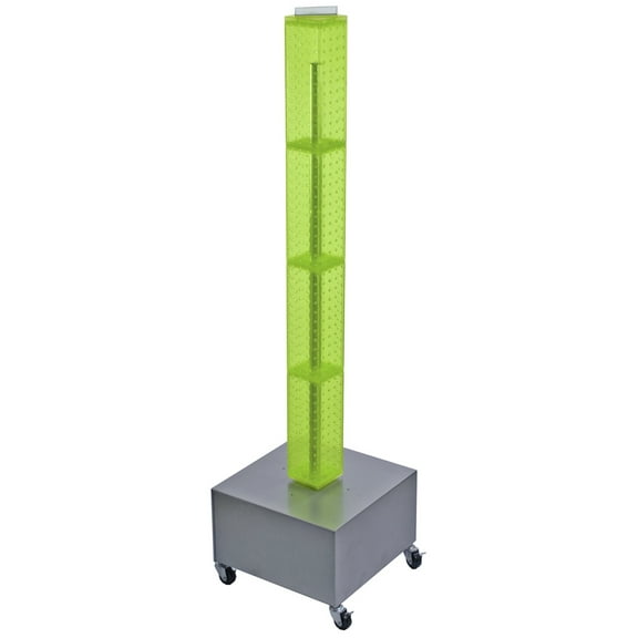 Four-Sided Pegboard Tower Floor Display on Revolving Wheeled Metal Base. Spinner Rack Tower. Panel Size: 4"W x 48"H