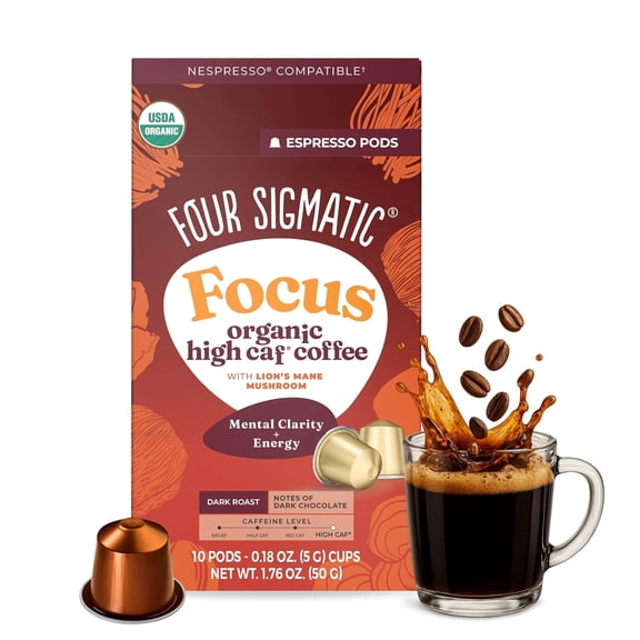Four Sigmatic Focus High Caffeine Coffee Pods Compatible with Nespresso Original | Organic Dark Roast Espresso with Added Focus | Mushroom Coffee Enhanced with Lion's Mane | High Caffeine 10ct