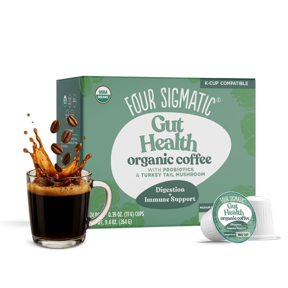 Four Sigmatic Gut Health Organic Coffee Pods | Medium Roast Probiotic K Cups with Chaga and Turkey Tail | Immune Boosting, Probiotic Mushroom Coffee K Cups for Gut Health and Immune Support | 24 Coun