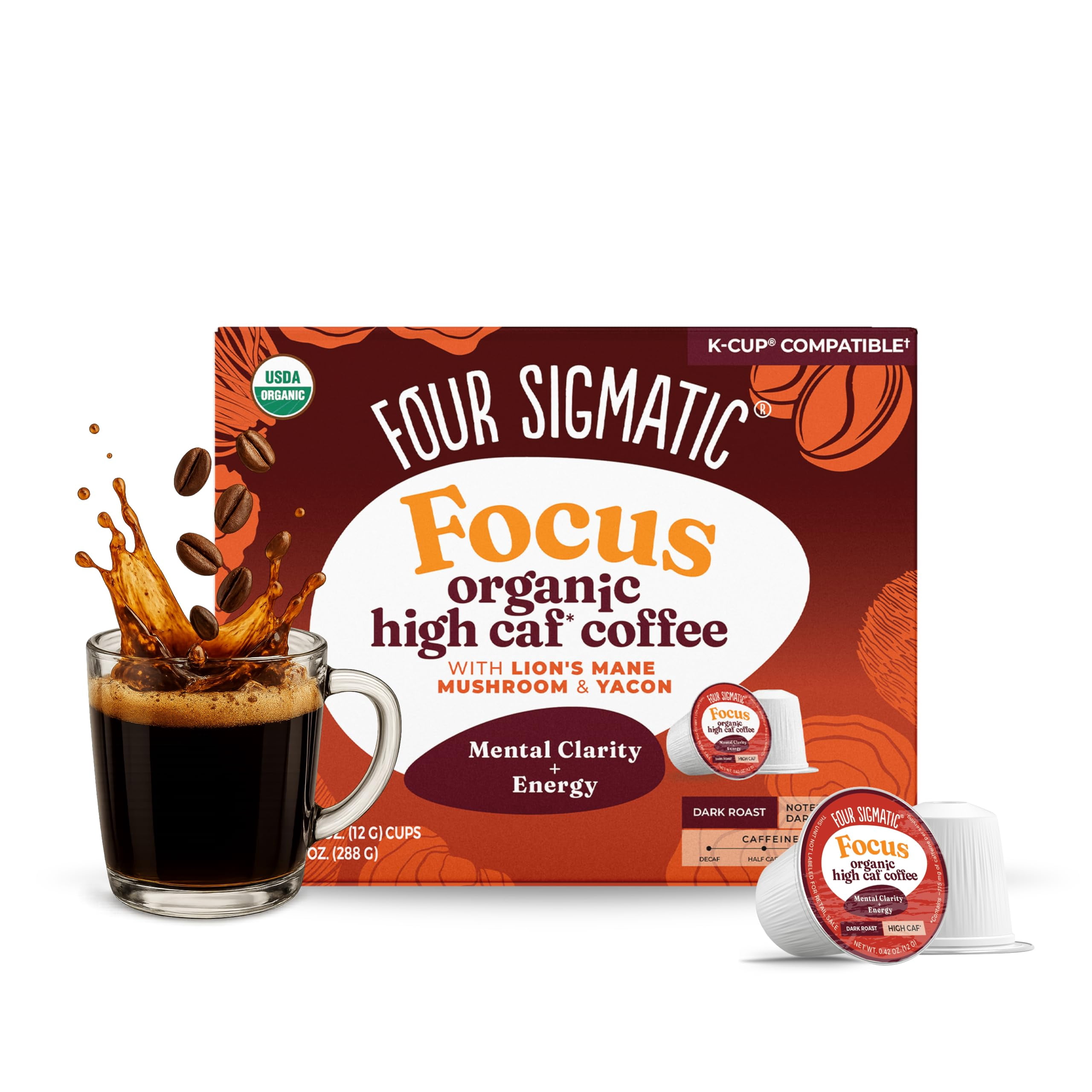 Four Sigmatic High Caffeine Mushroom Coffee K-Cups | Organic Dark Roast Coffee with Lion’s Mane & Chaga | Focus & Immune Support | Vegan & Keto | Sustainable Pods | 24 Count