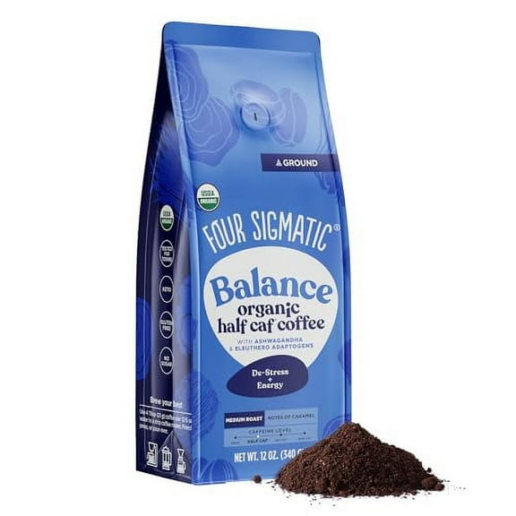 Four Sigmatic Organic Balance Adaptogen Ground Coffee | Medium Roast USDA Organic Coffee with Ashwagandha, Chaga Mushroom, Eleuthero and Tulsi for Focus and Energy Boosting | 12oz Bag